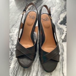 Sofft new in box black leather wedge sandals.  Size 8.5b.